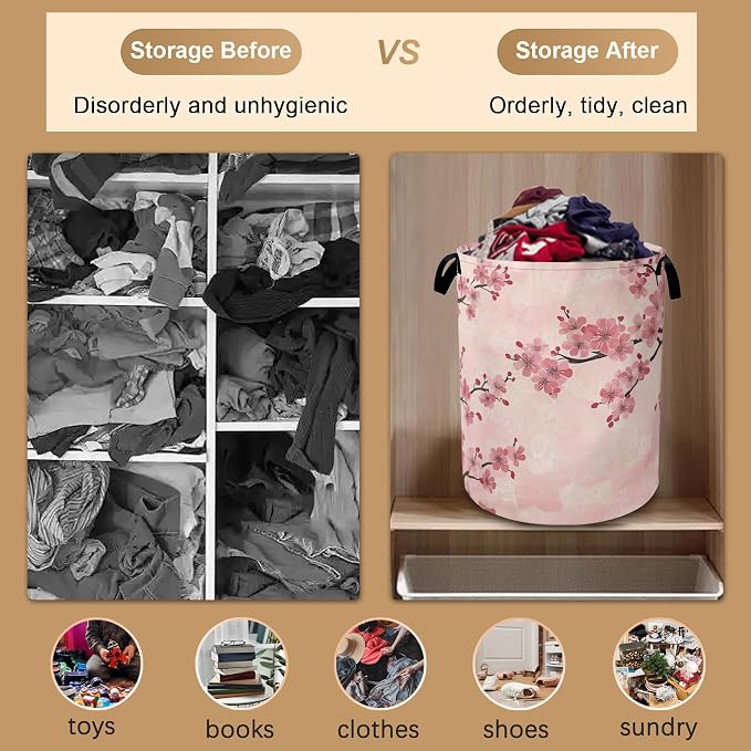 Laundry Hamper, Cherry Blossom Waterproof Oxford Cloth Storage Basket - Image 5