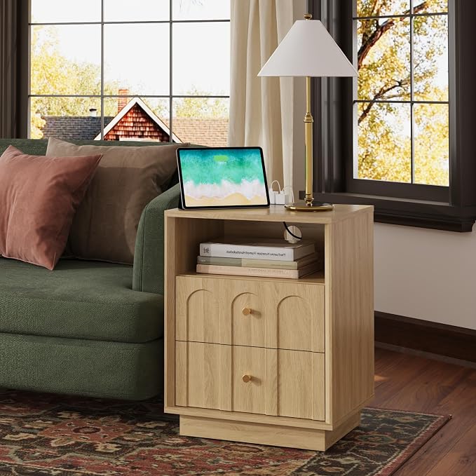 Nightstand with Charging Station, Mid Century Modern Nightstand with Arched - Image 6