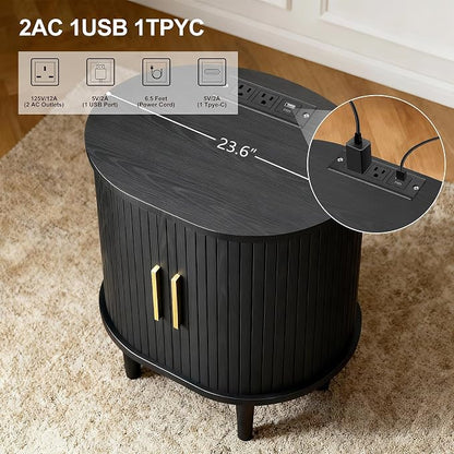 Nightstands Set of 2 & Charging Station, Fluted Accent Side Table - Image 4