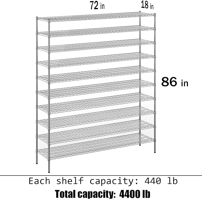 18" Deep x 72" Wide x 86" Height Wire Shelving Kit | 10-Tier | NSF Commercial - Image 3