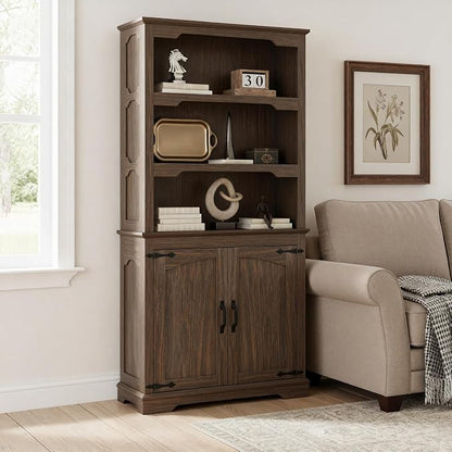 70 Inch Farmhouse Bookcase, Walnut Two-Tone Shelves, 5 Tier Bookshelf - Image 5