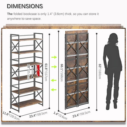 4NM 6 Tiers No Assembly Book Shelves, 61.8" H Folding Bookshelf Bookcase Open - Image 2