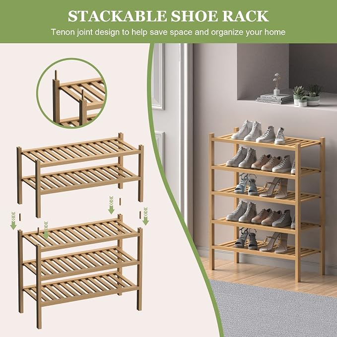 (Thick Bamboo Shoe Rack for Entryway, 3-Tier Free Standing Shoe Racks Stackable - Image 5