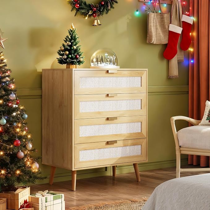 WLIVE Rattan Dresser for Bedroom, 4 Drawer Wooden Boho Dresser Storage - Image 2