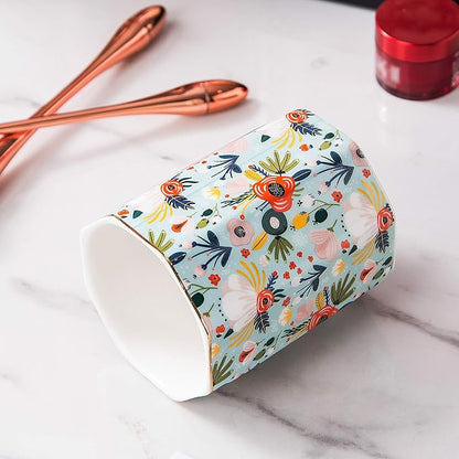Jwest Pen Holder, Makeup Brush Holder Ceramic Shiny Gold Floral Pattern Pencil - Image 4