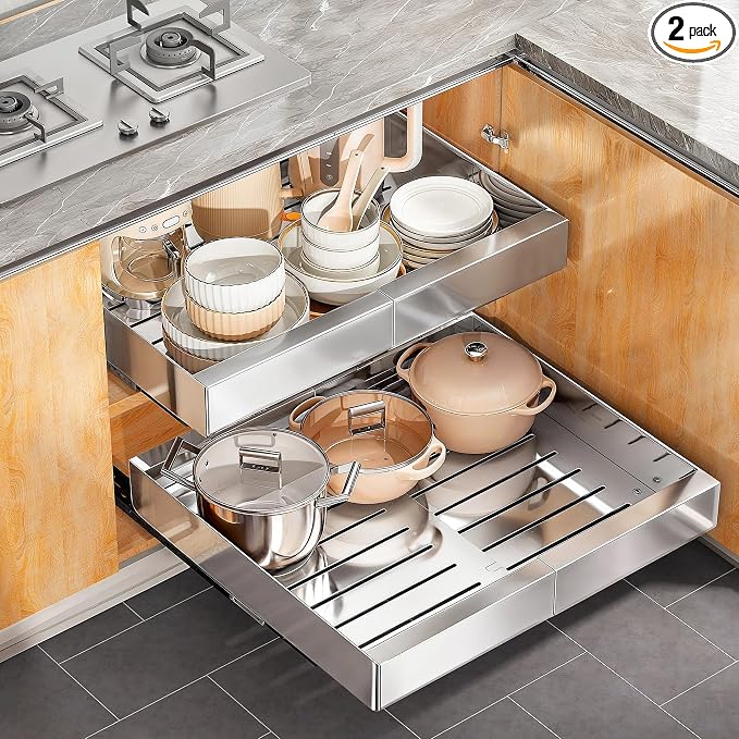 Pull out Cabinet Organizer, Stainless Steel Expandable Heavy Duty Slide out by Kitstorack