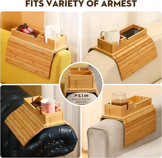 Bamboo Couch Arm Tray with Detachable Cup Holder, 2 in 1 Foldable Anti-Falling - Image 4