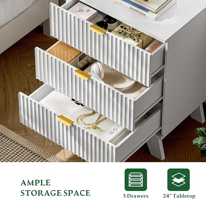 Fluted Nightstand with Charging Station, Modern Wood Side Table Night Stand - Image 5