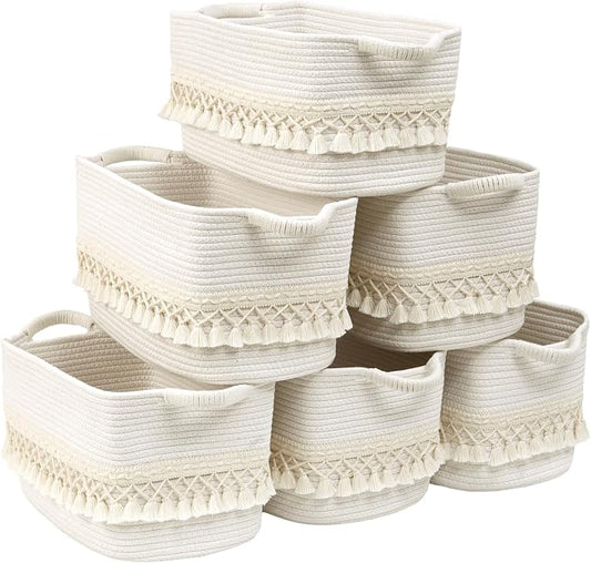 6 Pack Storage Basket for Shelves, Boho Cotton Rope Storage Bins by Degeyoyo