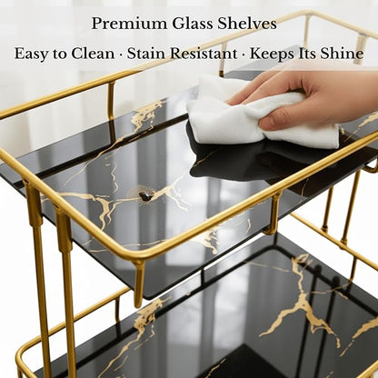 2-Tier Black Marble Bathroom Countertop Organizer – Glass Shelves & Gold Metal - Image 5