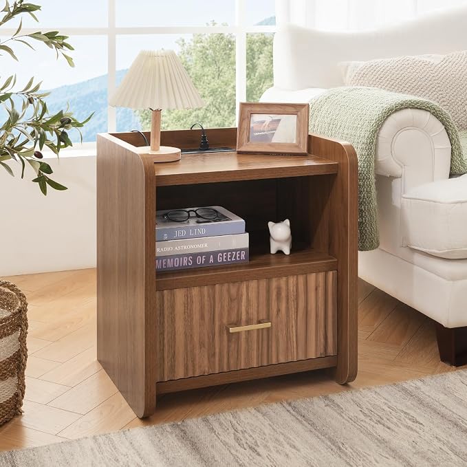 Night Stand with Charger Station, Fluted Wood Nightstand with Drawer Storage - Image 5