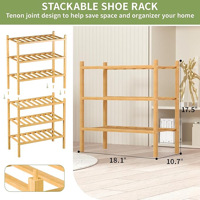 3-Tier Bamboo Small Shoe Rack, Free Standing Wood Shoe Shelf Storage Organizer - Image 3