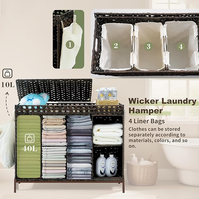 Laundry Hamper with Lid, 130L Rattan Laundry Hamper 3 Section with 50L Storage - Image 4