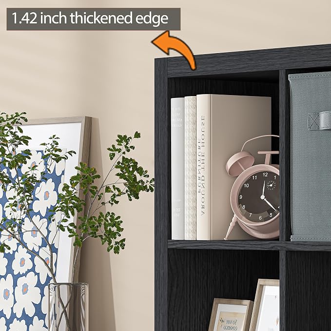 Bookshelf with Storage Bin, 4-Cube Storage Organizer, Modern Wood Open Bookcase - Image 5