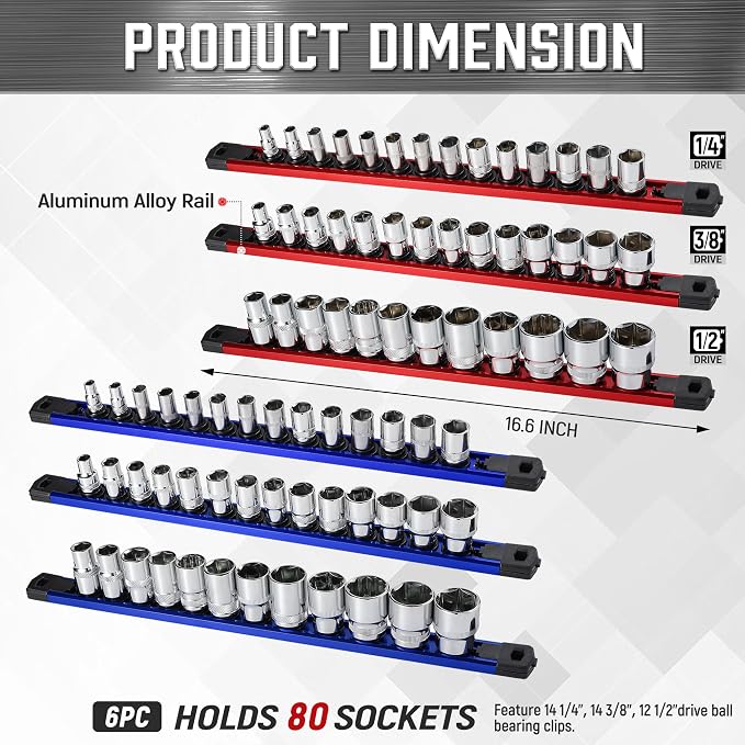 ALOANES 6-Piece Magnetic Socket Organizer, Heavy Duty Aluminum Socket Rails - Image 2
