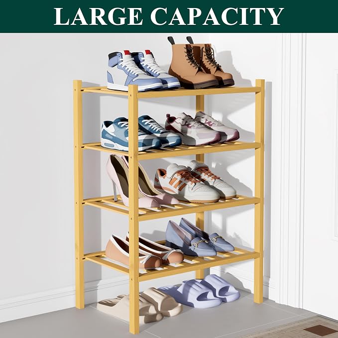 Smiry Bamboo Shoe Rack for Closet, 4 Tier Small Wooden Stackable Shoe Organizer - Image 5