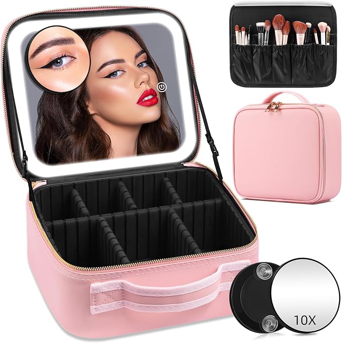 Makeup Case with Mirror and Lights, Travel Makeup Bag with Lighted Mirror by Jadazror