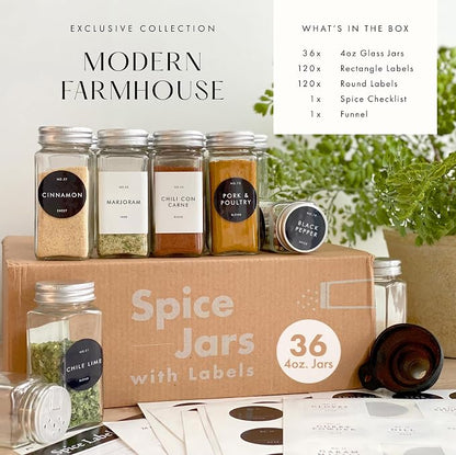 Glass Spice Jars with Labels with Metal Lids and Shakers Farmhouse 36 Pack Set - Image 3
