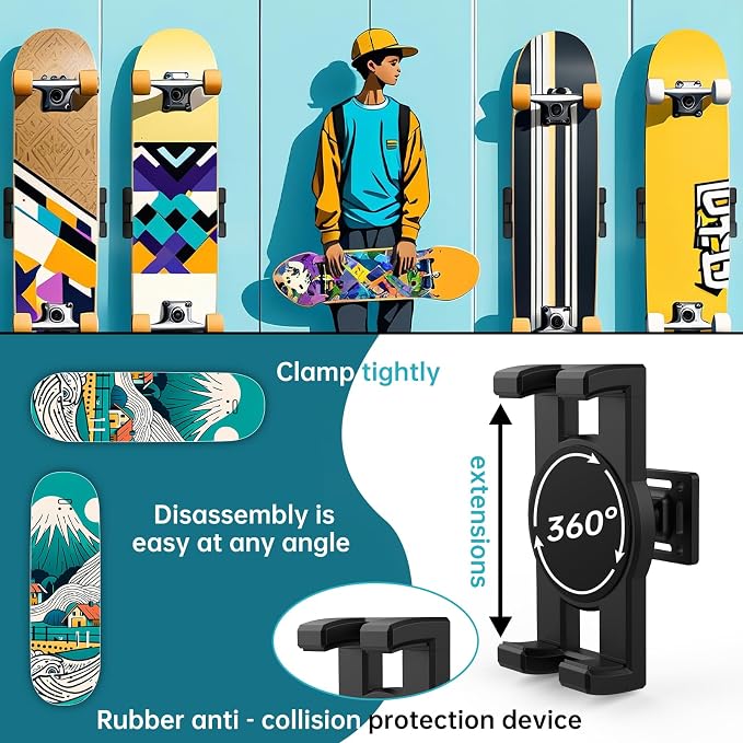 Swivel Skateboard Wall Mount, 360° Skateboard Deck Wall Mount, Suspended - Image 3