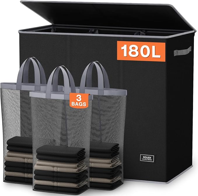 SOLEDI 180L Laundry Hamper 3 Section, Extra Large Laundry Hamper by SOLEDI
