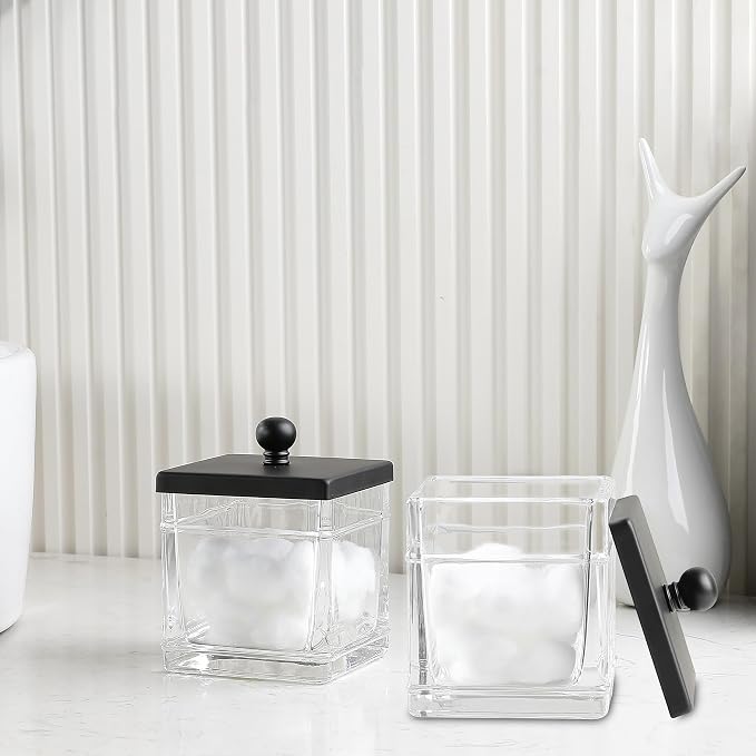 Glass Cotton Jar Holder 2 Pack– Matte Black Lid, Elegant Bathroom Storage - Image 3