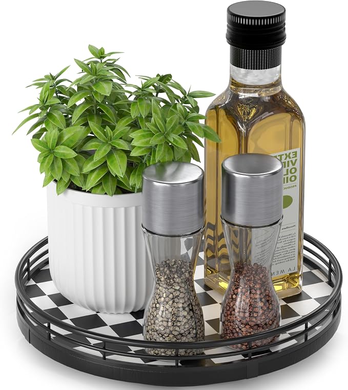 Black and White Kitchen Lazy Susan Turntable – Checkered Round Decorative Tray by AMH