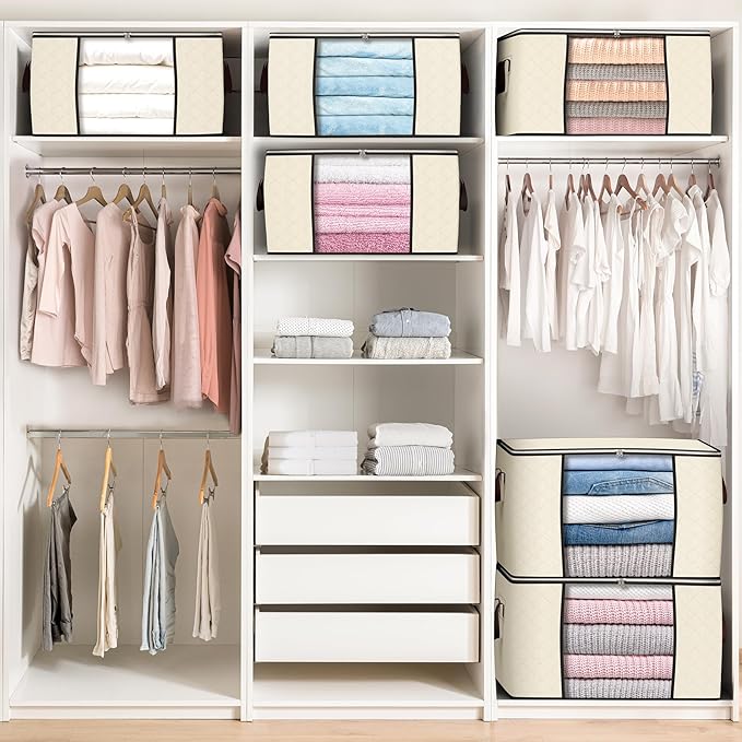 90 L Large Storage Bags, 6 Pack Clothes Storage Bins Foldable Closet Organizers - Image 5