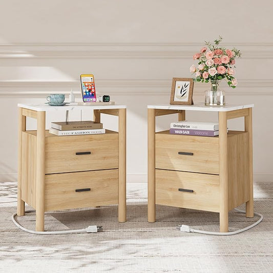 Night Stand Set of 2 with Charging Station, 2 Drawers End Table with Solid by FavourLife