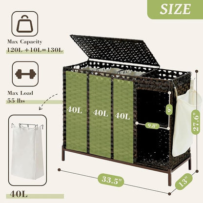 Laundry Hamper with Lid, 130L Rattan Laundry Hamper 3 Section with 50L Storage - Image 2