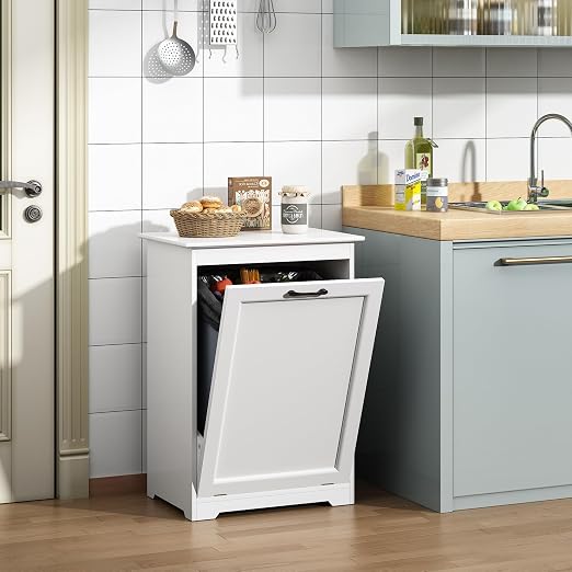 JAXPETY Tilt Out Trash Cabinet Kitchen Trash Can Holder Wood Laundry Hamper - Image 9