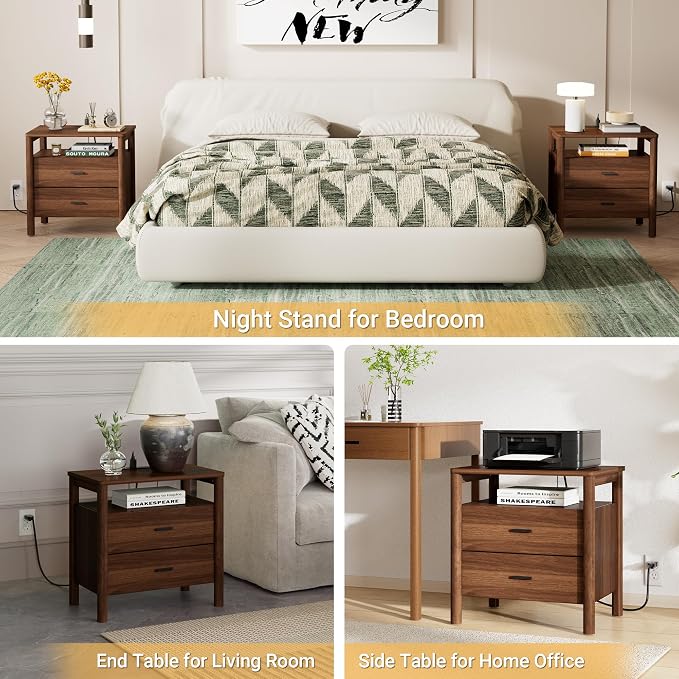 Night Stand with Charging Station, 2 Drawers Nightstand with Open Shelf - Image 6