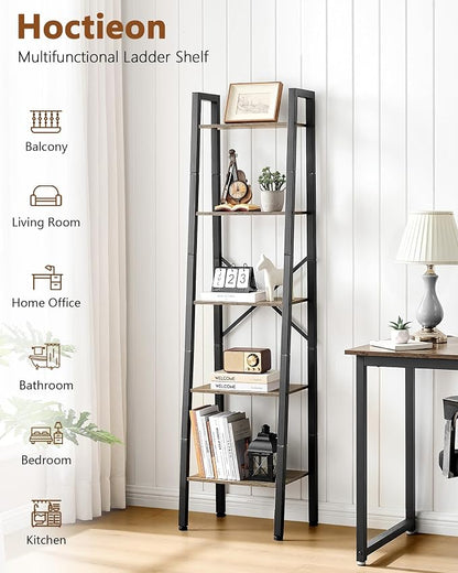 Hoctieon 5-Tier Industrial Ladder Bookshelf, Narrow Ladder Shelf, Tall Standing - Image 3