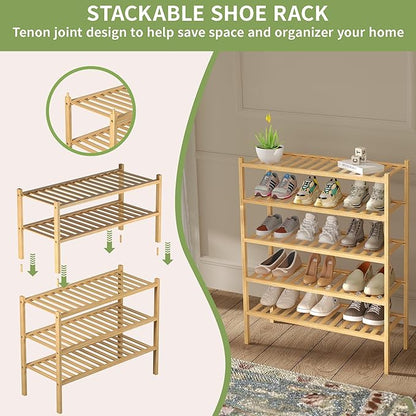 2 Tier Bamboo Shoe Rack for Closet Free Standing Wood Shoe Shelf for Entryway - Image 5