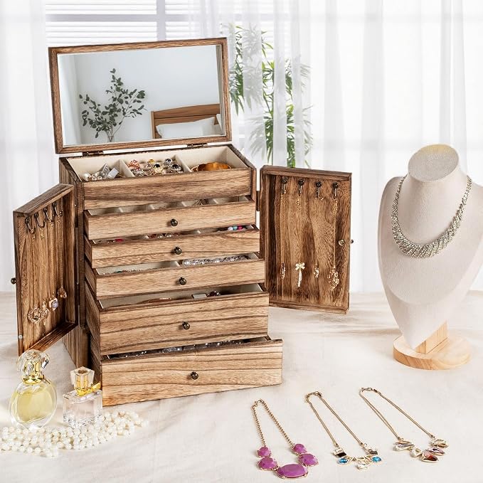 Emfogo Wooden Jewelry Box for Women, 6-Tier Large Jewelry Organizer Boxes - Image 7