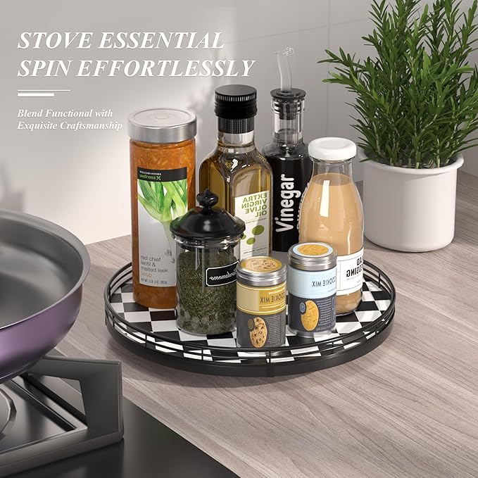 Black and White Kitchen Lazy Susan Turntable – Round Checkered Decorative Tray - Image 5