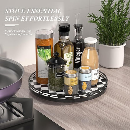 Black and White Kitchen Lazy Susan Turntable – Round Checkered Decorative Tray - Image 5