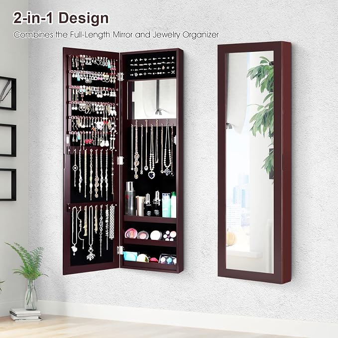 COSTWAY Full Length Mirror Jewelry Cabinet, Wall Door Mounted Jewelry Organizer - Image 2