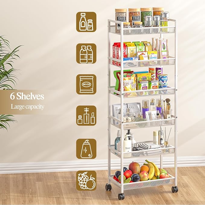 6 Tier Slim Rolling Storage Cart, Narrow Mobile Shelving Unit Organizer Utility - Image 7