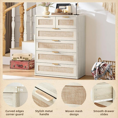 LEYAOYAO White Dresser for Bedroom, Modern 6 Drawers Boho Rattan Dressers - Image 7
