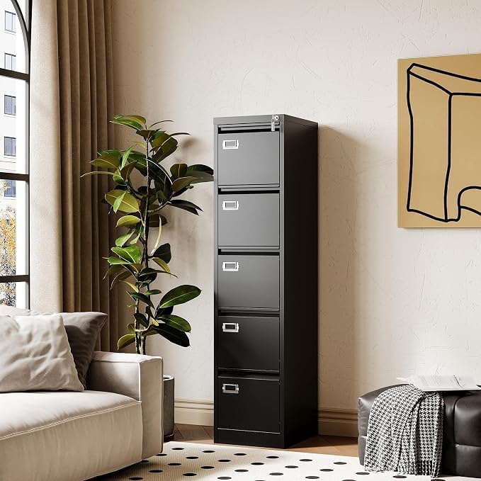 File Cabinets - 5 Drawers Vertical 17.8" Deep Lockable Filing Cabinet - Black & - Image 6