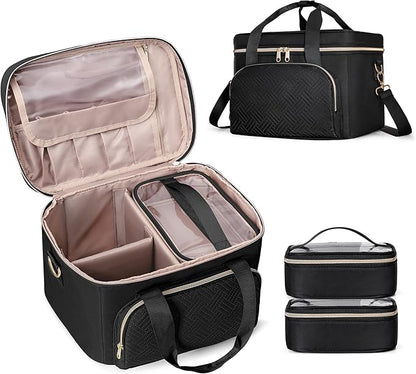 Travel Makeup Bag with 2 Pouches and Adjustable Dividers, Large Cosmetic Case by Prokva