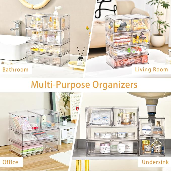 6 Pack Stackable Storage Drawers Clear Acrylic Organizer Makeup Bathroom - Image 7