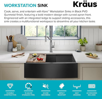 KRAUS Kore Workstation 33-inch Farmhouse Apron Front 16 Gauge Black Stainless - Image 3