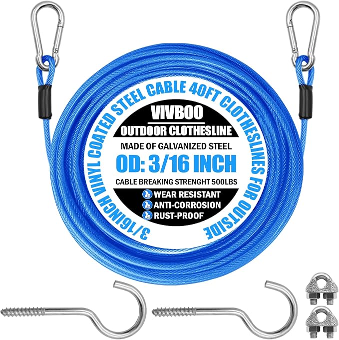 40ft Clothes Line Outdoors 3/16" Wire Ropes Blue PVC Coating Laundry Drying by VIVBOO