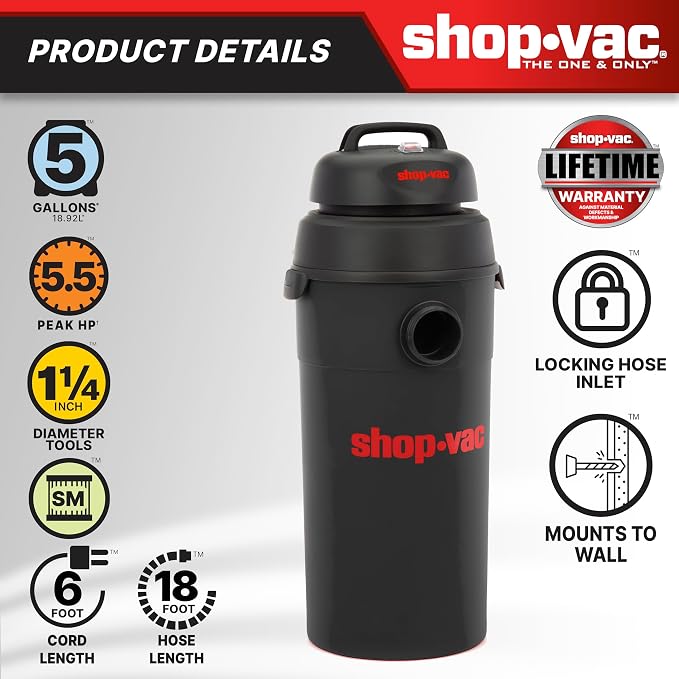 Shop-Vac 9522205 5 Gallon 5.5 Peak HP Hangup Wet/Dry Vacuum, 1.25 Inch Diameter - Image 4