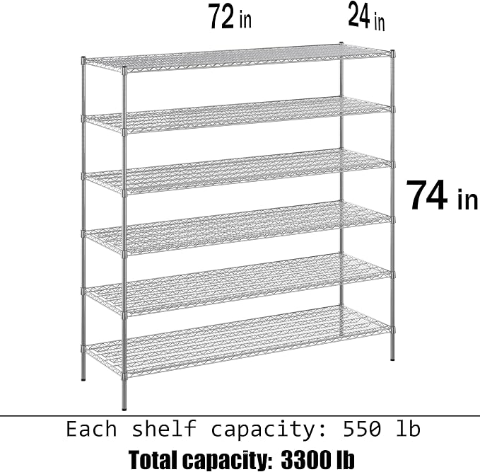 24" Deep x 72" Wide x 74" Height Wire Shelving Kit | 6-Tier | NSF Commercial - Image 3