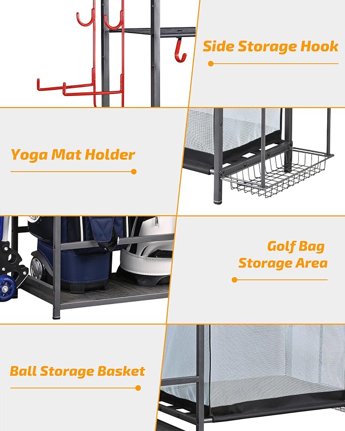 PLKOW Golf Storage Ball Rack Garage Organizer, 2 Golf Bag Organizer and Other - Image 3