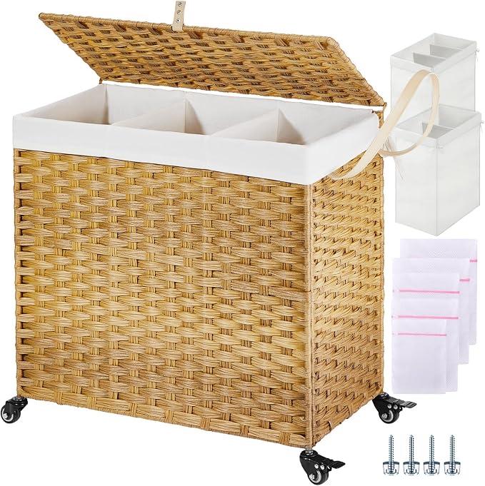 Greenstell Laundry Hamper with Wheels&Lid, 130L Large 3 Sections Clothes Hamper by Greenstell