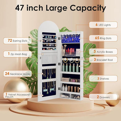 47in Tall Jewelry Cabinet Organizer, Arched Wall or Door Mounted Jewelry Armoire - Image 3
