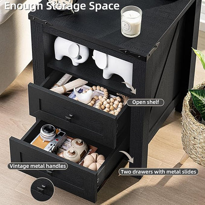 Nightstand with Charging Station, Farmhouse Night Stand with 2 Drawers and - Image 7